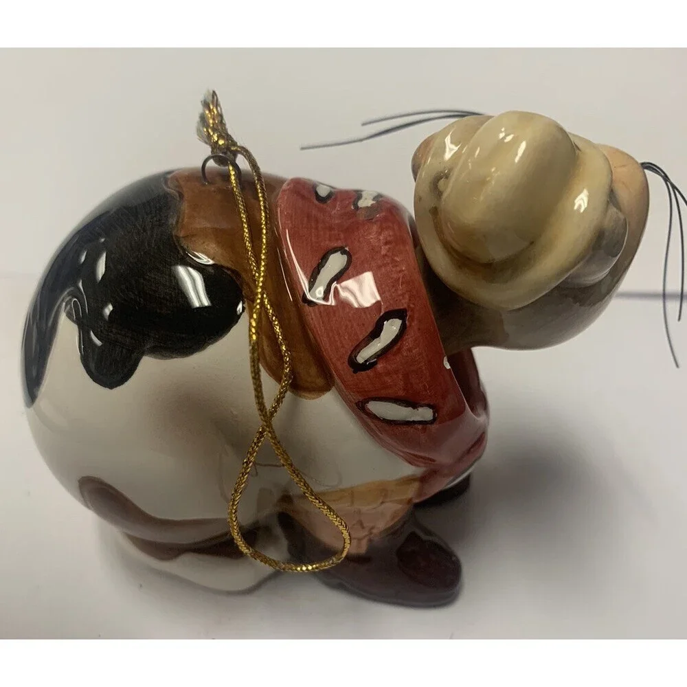 Bobble Head Cat Cowboy Ceramic Christmas Ornament 4”x3”x2”